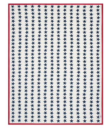 Cream blanket with all-over navy star pattern and red border.7