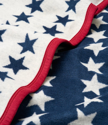 Fleece blanket with navy and white stars on dark blue background, red binding along edge.5