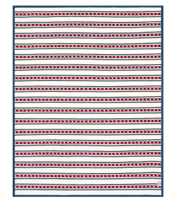 Blanket with alternating horizontal stripes in navy blue with white stars and cream white, bordered in dark blue.9