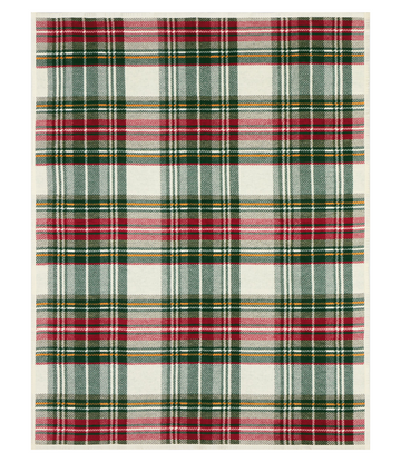Cream blanket with red, green, and gold plaid pattern in repeating horizontal and vertical stripes.6