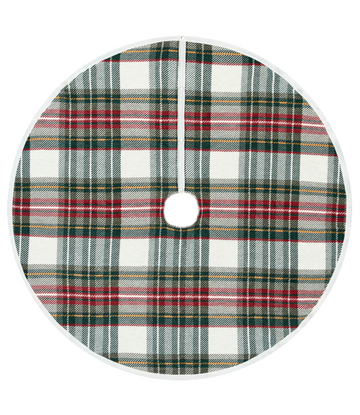 Red, green, and gold plaid tree skirt with white trim and center opening.5