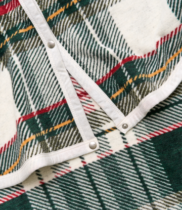 Stewart plaid tree skirt with green, red, and gold plaid pattern and white binding with snap closures.4