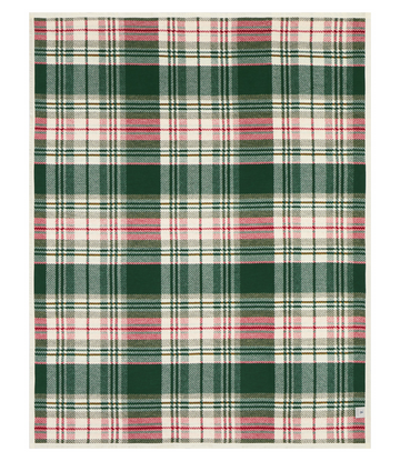 Red, green, and cream plaid blanket with a woven texture pattern throughout.7