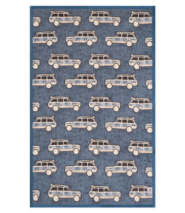 Blue blanket with repeating pattern of cream and brown surf wagons with roof racks throughout.7