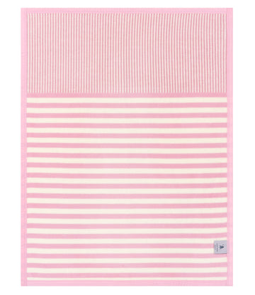 Pink mini blanket with vertical striped pattern on top half and horizontal stripes on bottom half.7