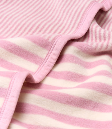 Pink and white striped mini blanket with binding edge detail.4