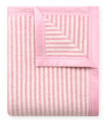 Blush pink mini blanket with white vertical stripes and solid pink border trim.3