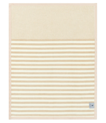 Beige and white striped mini blanket with vertical pin-tuck pattern on upper section and horizontal stripes on lower section.7