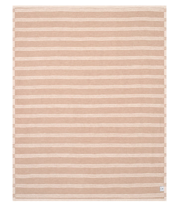 Tan and cream striped lightweight blanket with geometric tile pattern detailing throughout.8