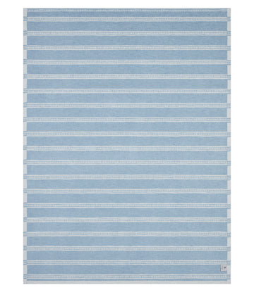 Blue and white striped lightweight blanket with alternating solid and textured horizontal bands.7