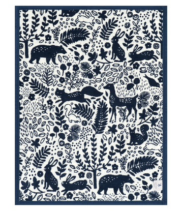 Navy and cream blanket with forest animals including rabbits, deer, bears, and foxes among botanical motifs.7