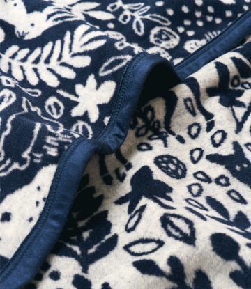 Navy and cream blanket with woodland print featuring leaves, flowers, and forest animals, navy binding along edge.3