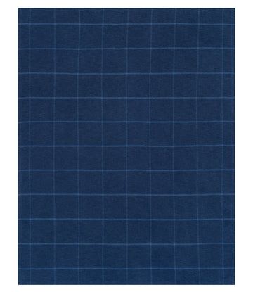 Navy blue blanket with a windowpane plaid pattern in lighter blue stripes.3