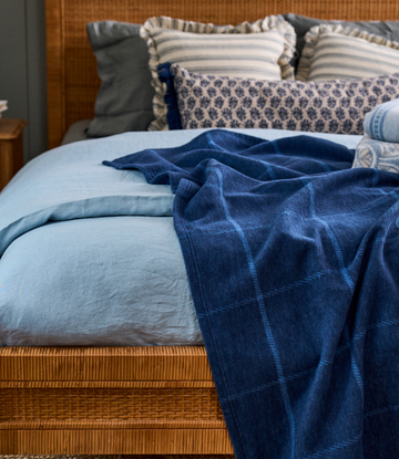 Navy blue lightweight blanket with windowpane quilted pattern draped over a bed with light blue sheets.5