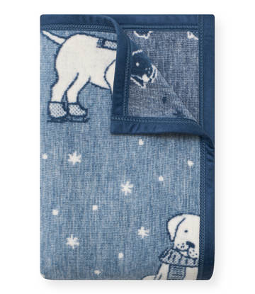 Blue knit blanket with white puppies and snowflake pattern, dark binding on edges.5