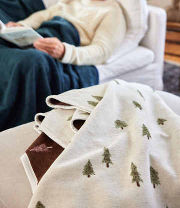 Cream blanket with green tree pattern and brown reverse side, draped over furniture.5