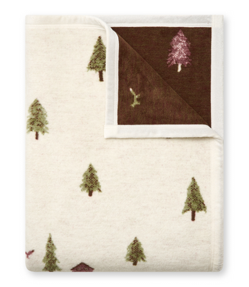 Cream and brown knit blanket with scattered evergreen trees and a folded brown corner section showing a pink tree and small f7