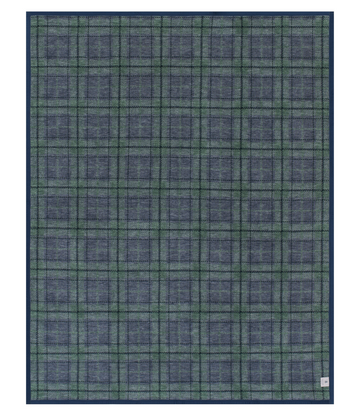 Woven blanket with blue and green plaid pattern and navy blue border.7