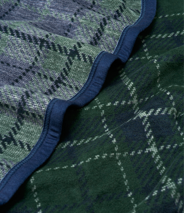 Plaid blanket in green and navy with woven pine tree pattern and navy binding edge detail.4