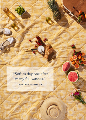 Yellow quilted outdoor blanket with daisy pattern displayed flat with picnic food and beverages.8
