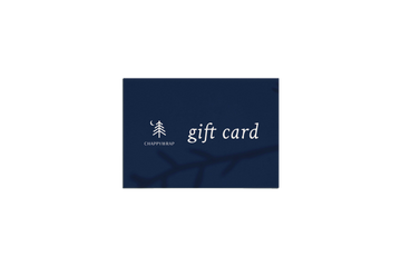 A digital gift card from ChappyWrap with a navy background and white text displaying the words 'gift card' along with the brand's logo.1